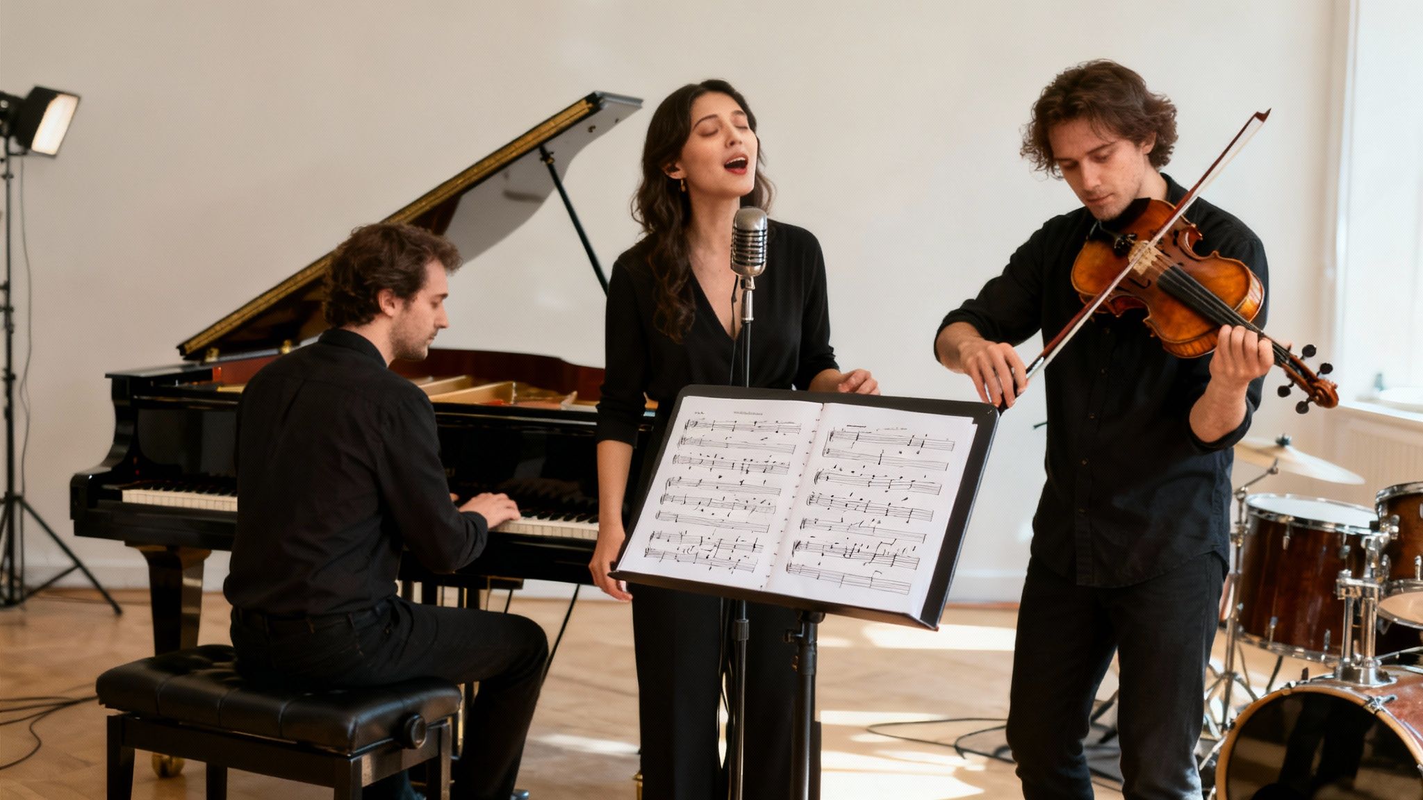 A musical trio performs, featuring a pianist, a singer with a microphone, and a violinist.