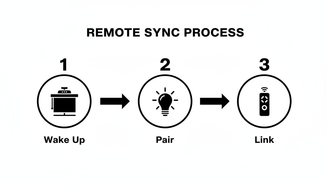 A flowchart showing three steps for a remote sync process: Wake Up, Pair, and Link.