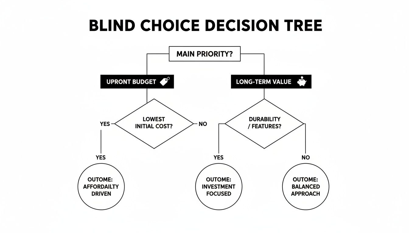 A blind choice decision tree flow chart illustrating options based on upfront budget or long-term value.