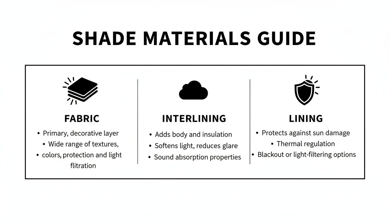 A guide illustrating the components of window shades: fabric, interlining, and lining, detailing their benefits.