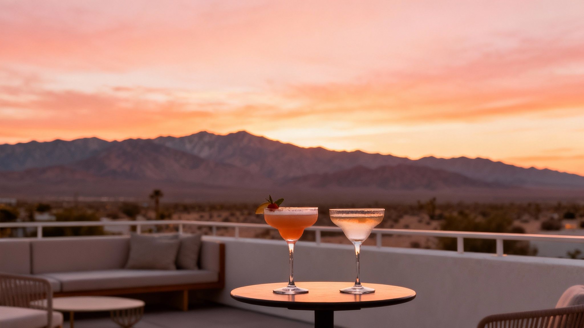 Two cocktails on a table on a rooftop balcony with a vibrant orange sunset over desert mountains.