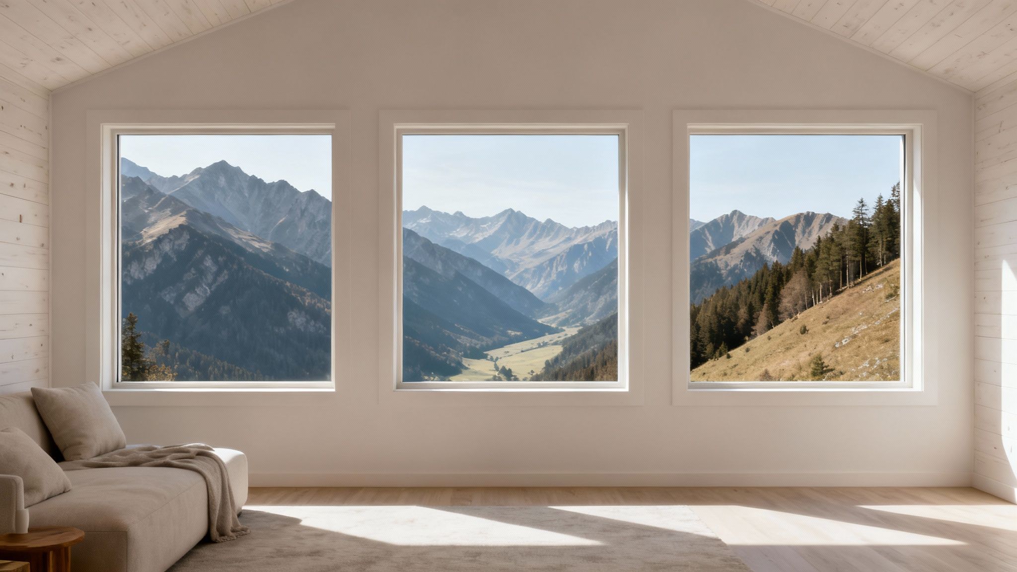 Bright minimalist room with a couch and triple windows showcasing expansive mountain and valley views.