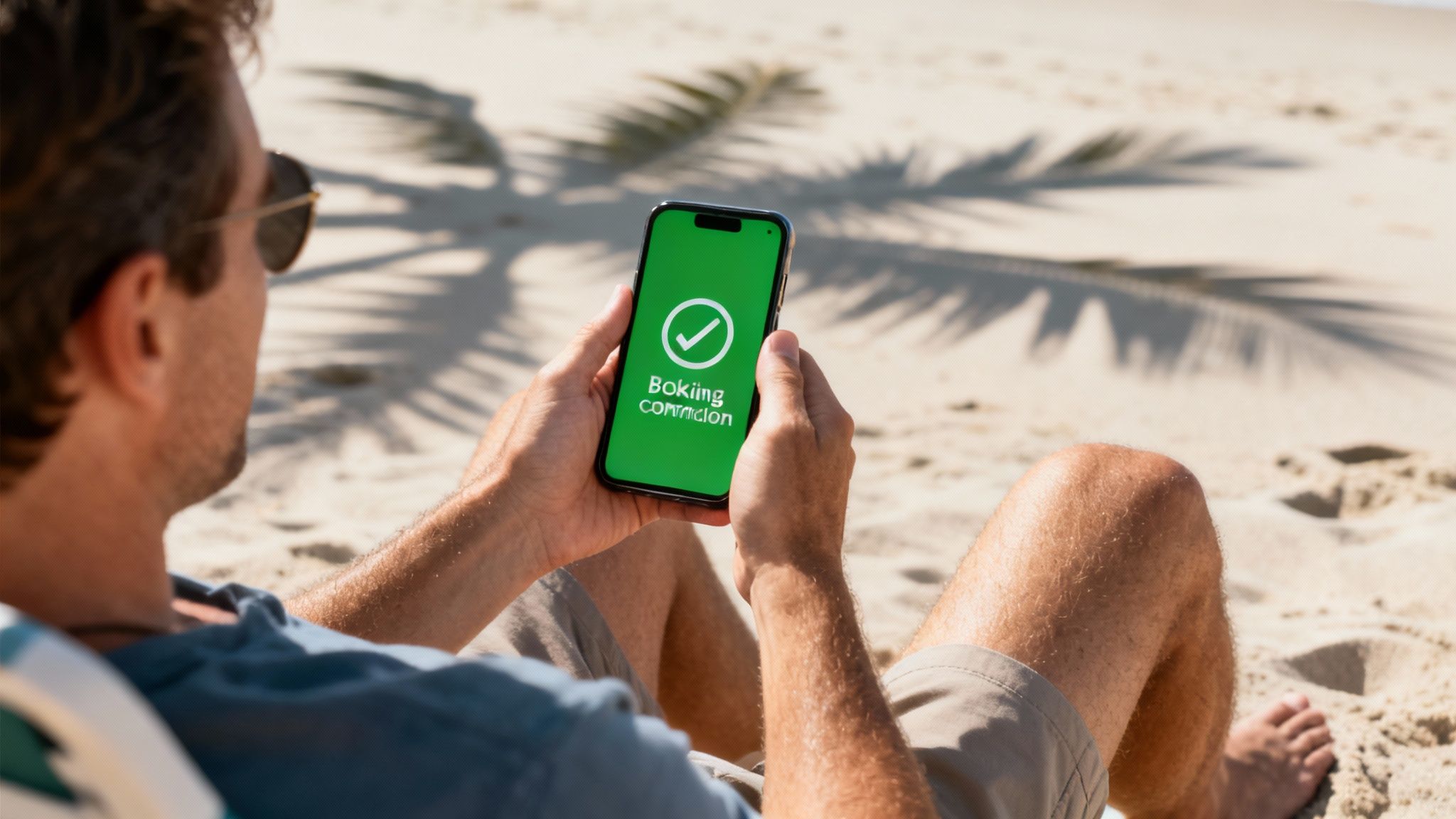 Man relaxing on a sunny beach, viewing a smartphone with a booking confirmation screen.
