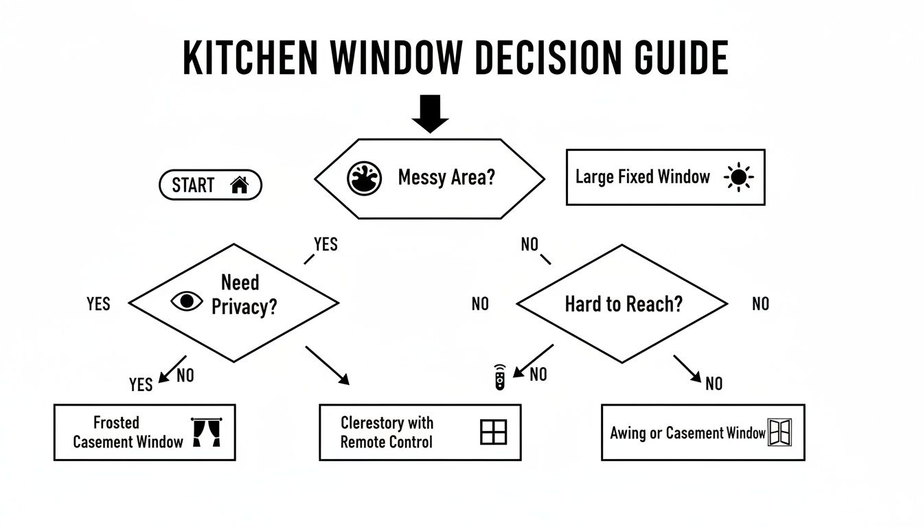 A flowchart titled 'Kitchen Window Decision Guide' illustrating choices based on messy area, privacy, and reach.