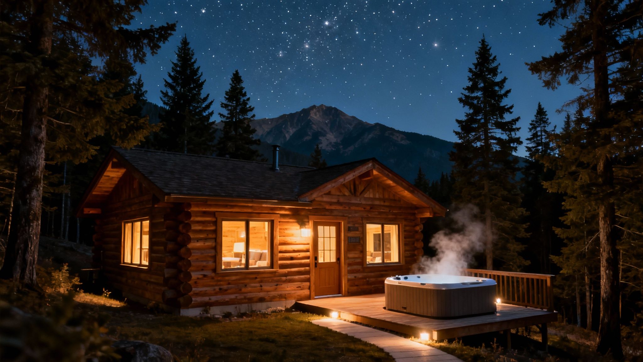 A rustic log cabin with a steaming hot tub under a starry night sky in the mountains.