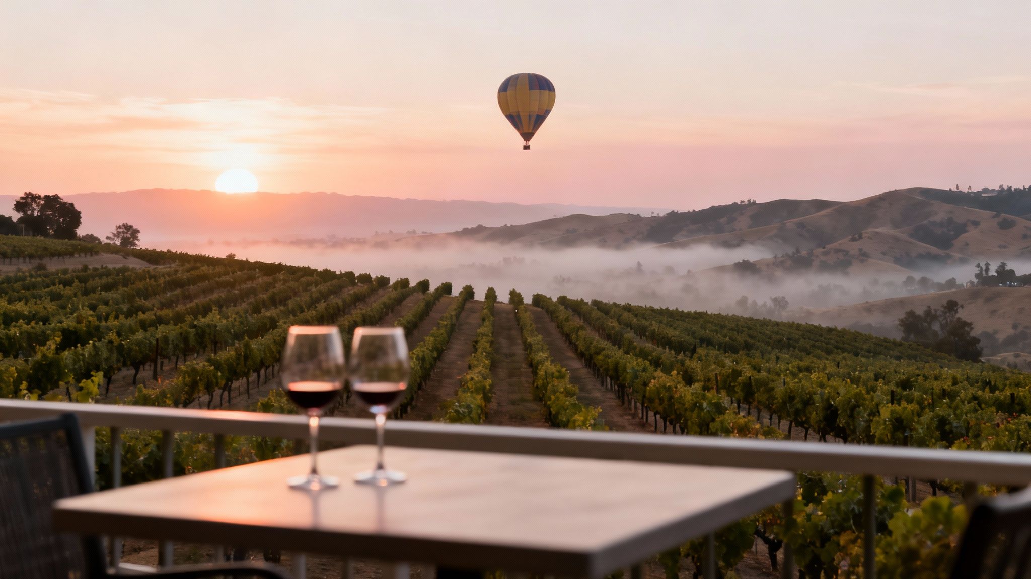 Panoramic view of a misty vineyard at sunrise with a hot air balloon and red wine.