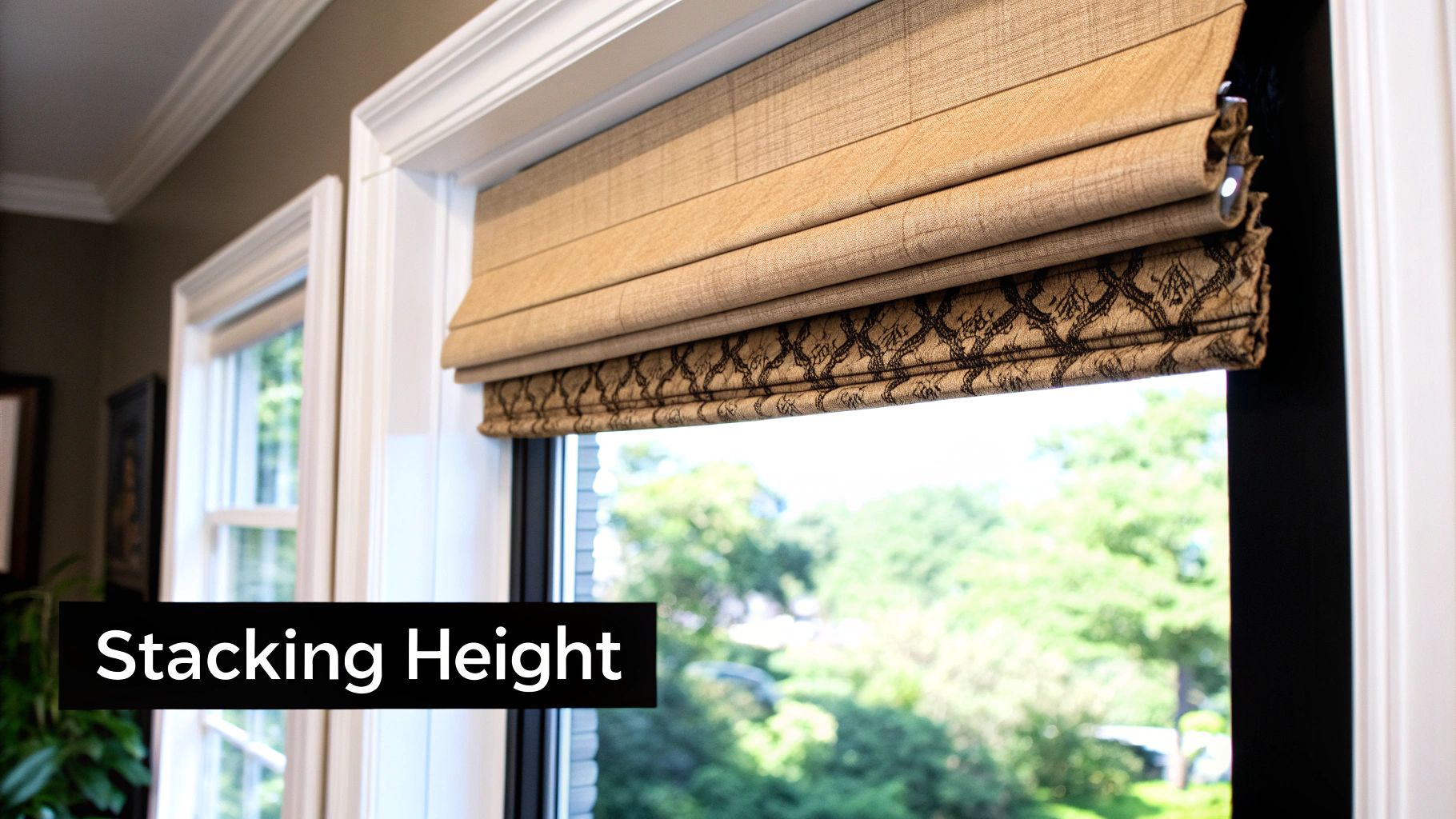 A motorized Roman shade in a modern living room, showing the headrail.