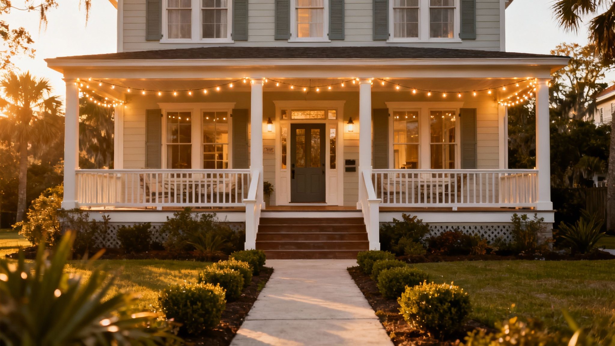 A charming house with a lit porch and string lights at sunset, surrounded by lush greenery.