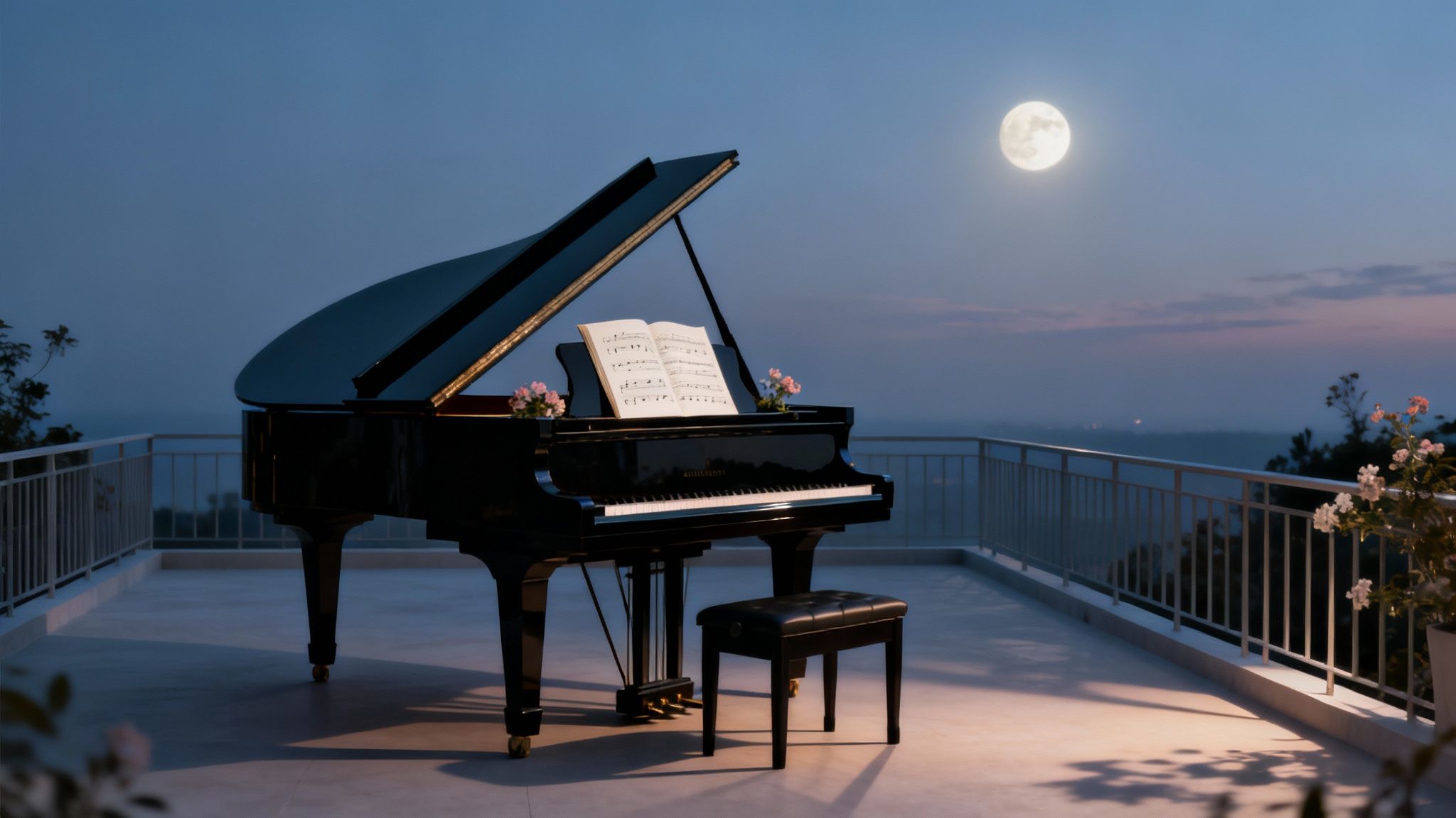 A grand piano with open sheet music on a balcony overlooking a city under a full moon.