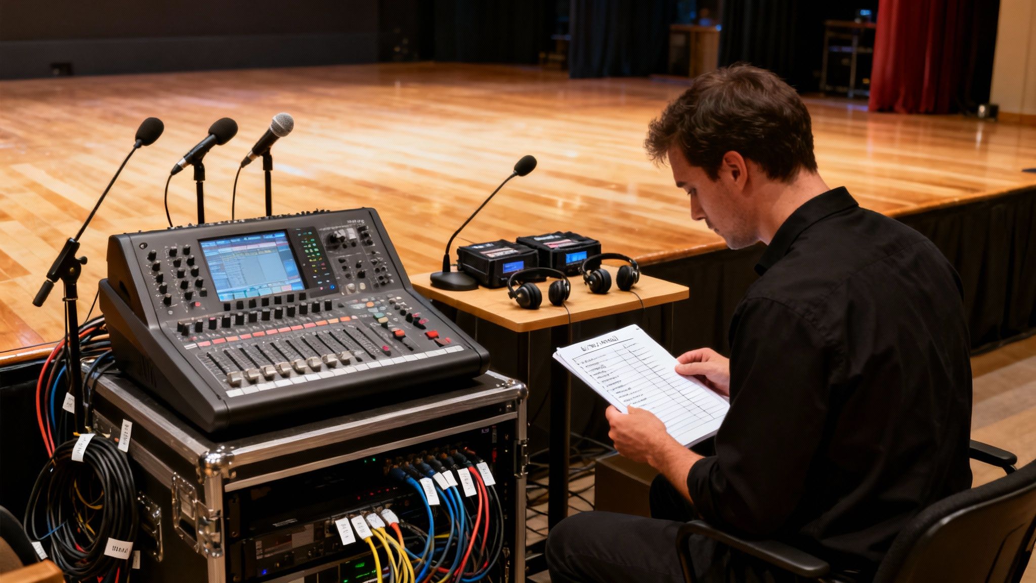 A sound technician reviews notes at an audio mixing console with microphones and headphones ready for an event.