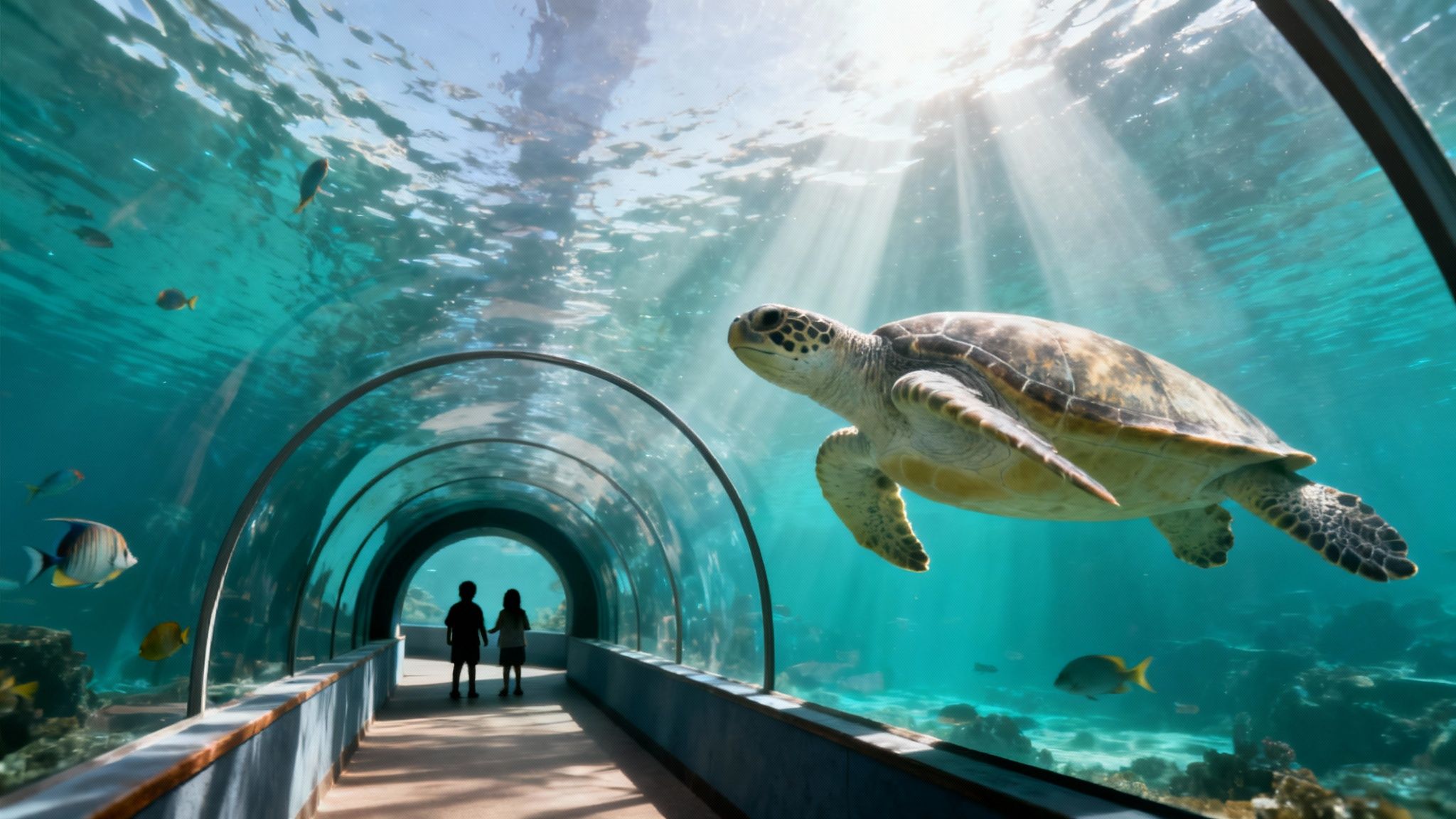 Visitors walk through an underwater tunnel, observing a majestic sea turtle and fish under sunlit water.