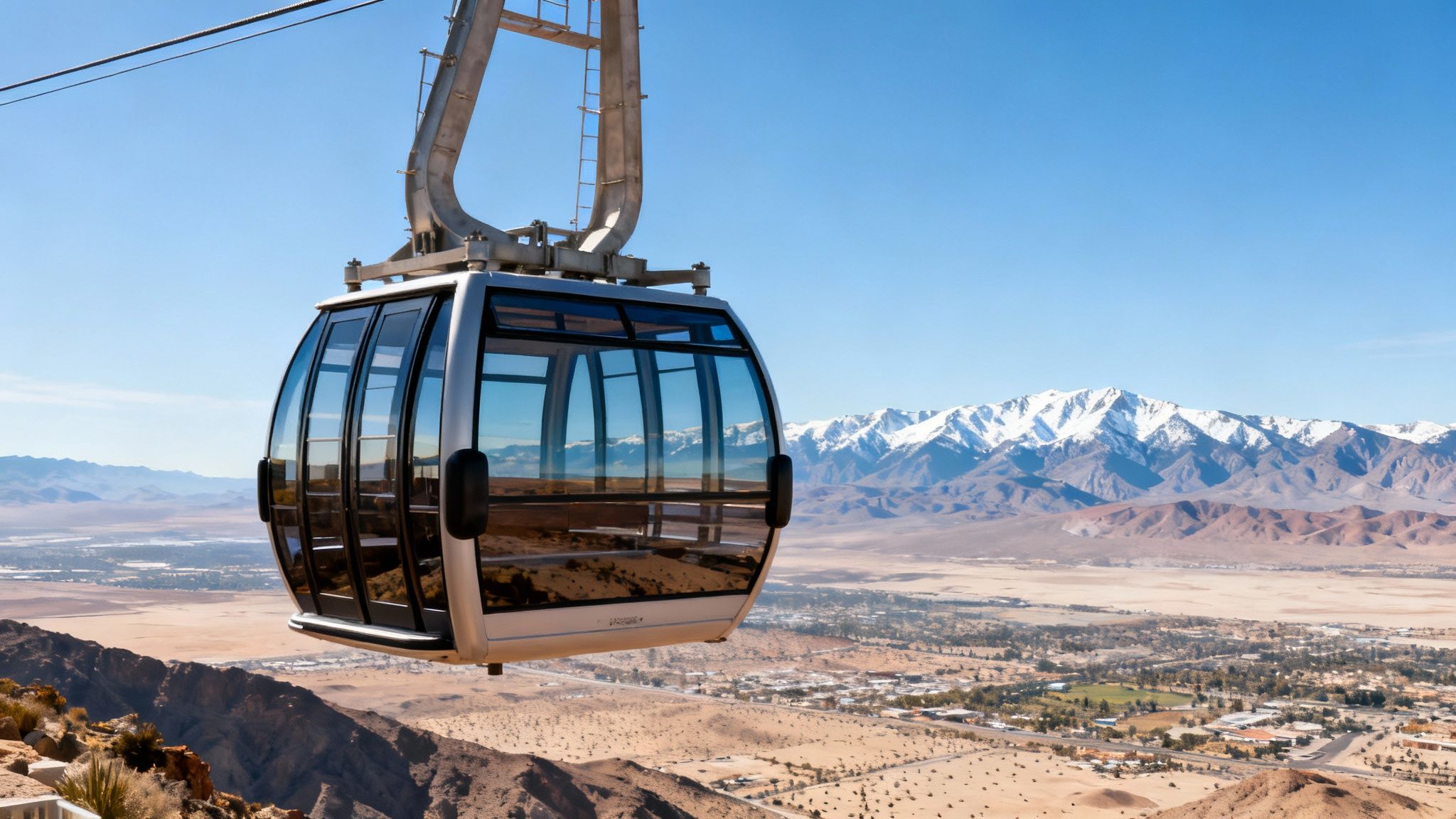 A modern cable car glides above a desert valley with snow-capped mountains under a clear blue sky.
