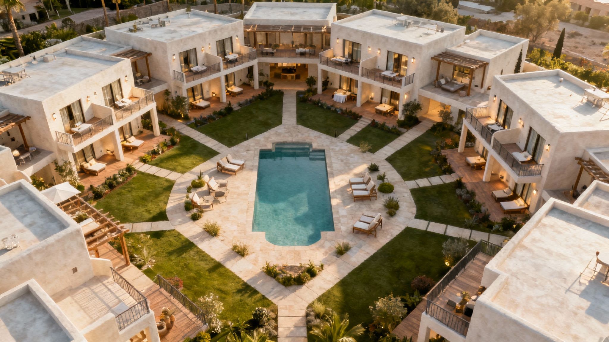A group of friends laughing and enjoying cocktails in the stylish courtyard of The Muse Hotel Palm Springs.