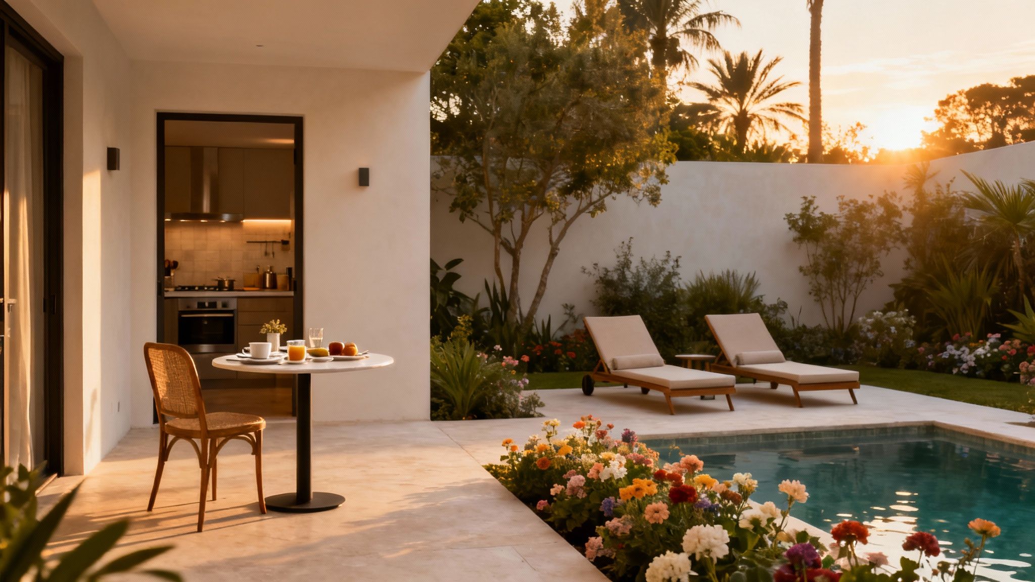 A serene outdoor patio with a breakfast table, swimming pool, and lounge chairs during sunset.