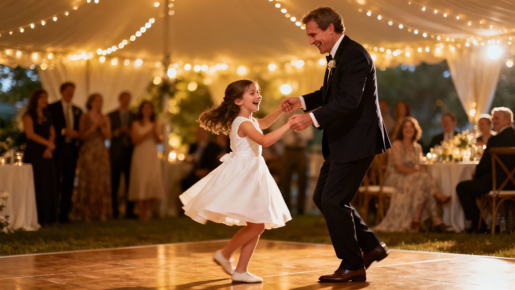 Father and daughter dancing together at wedding reception under string lights tent