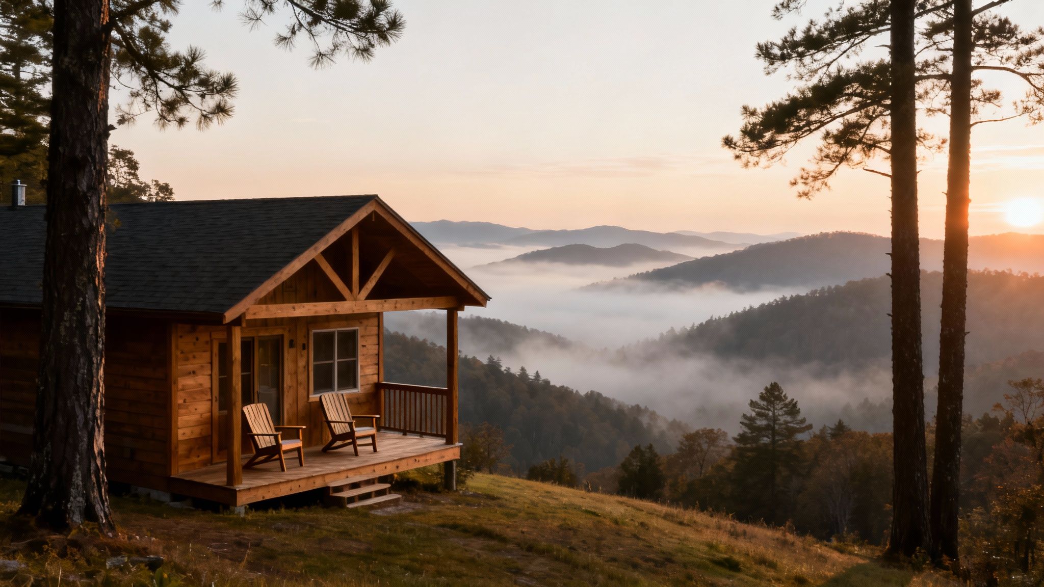 A cozy wooden cabin on a hill overlooking a foggy mountain valley at sunrise.