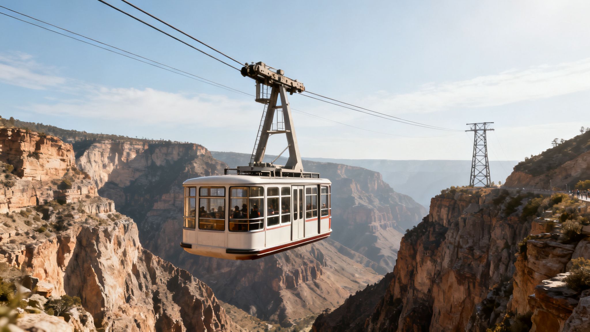 A white and red cable car with passengers, suspended high over a vast, rocky canyon under a clear blue sky.