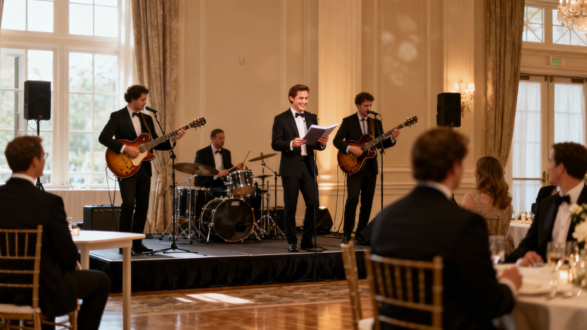A live band performing on stage at a large event, with purple and blue lighting.