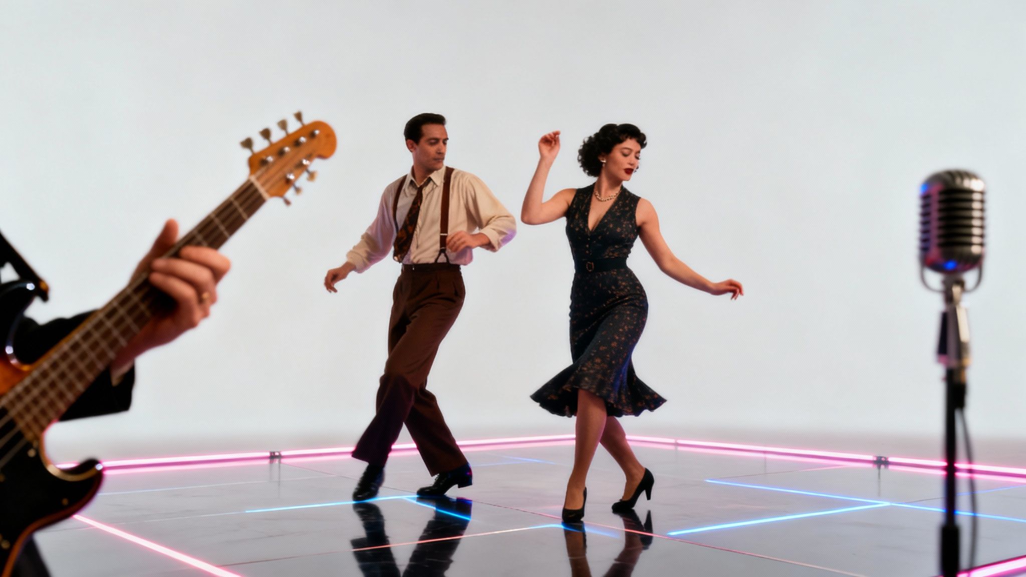 A vintage-dressed couple dances on a neon-lit stage with a guitarist and microphone.