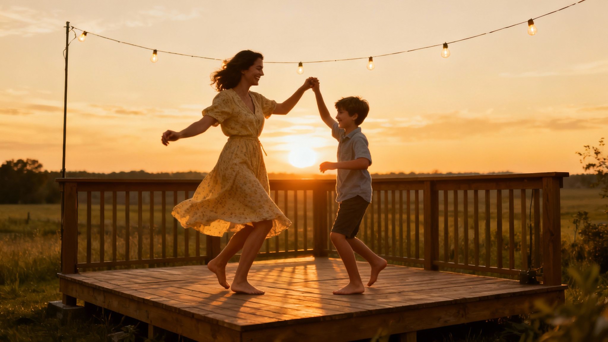 A mother and son joyfully dancing barefoot on a wooden deck at sunset, with string lights overhead.