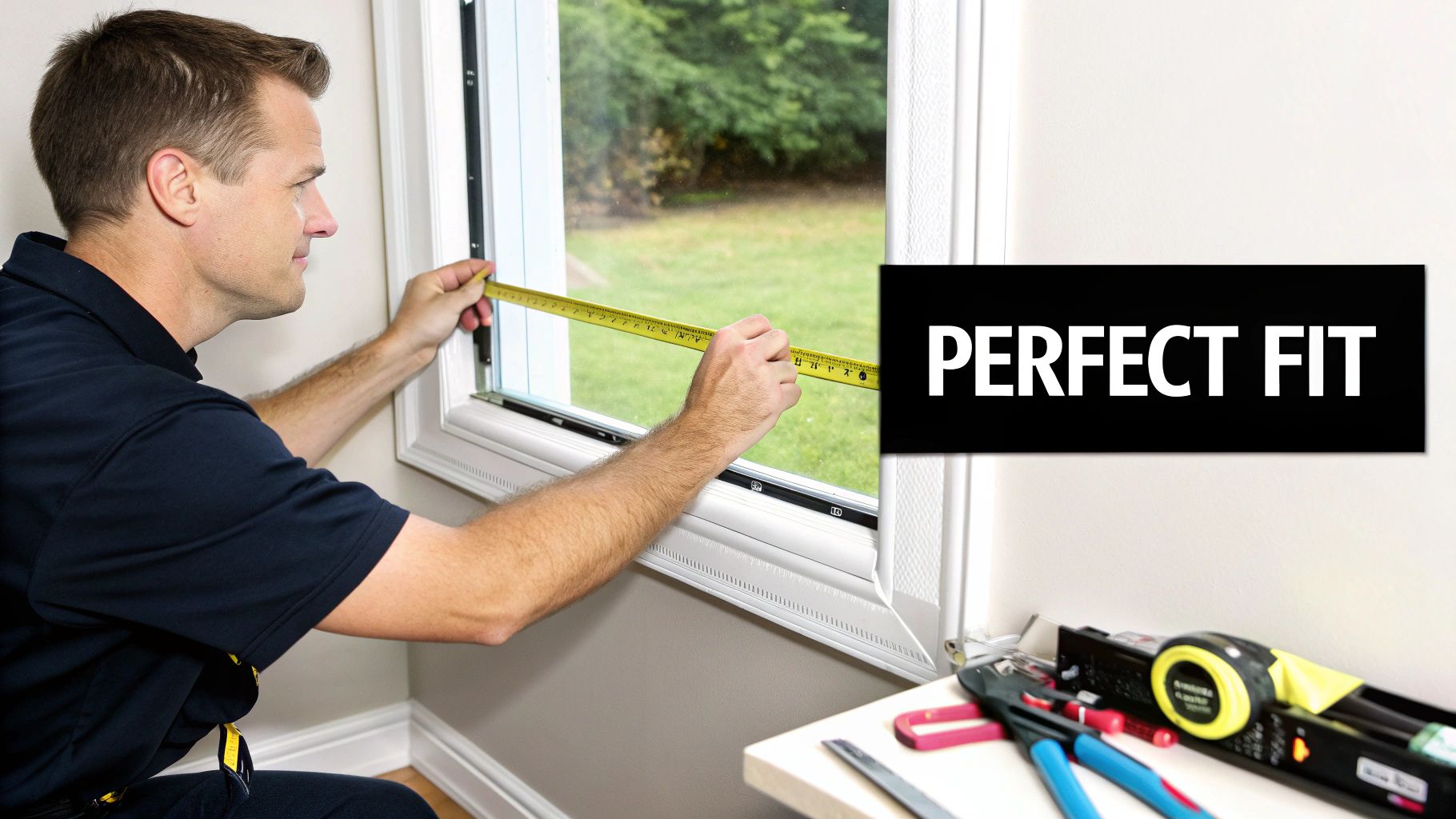 A man carefully measures a white window frame with a yellow tape measure for a perfect fit.