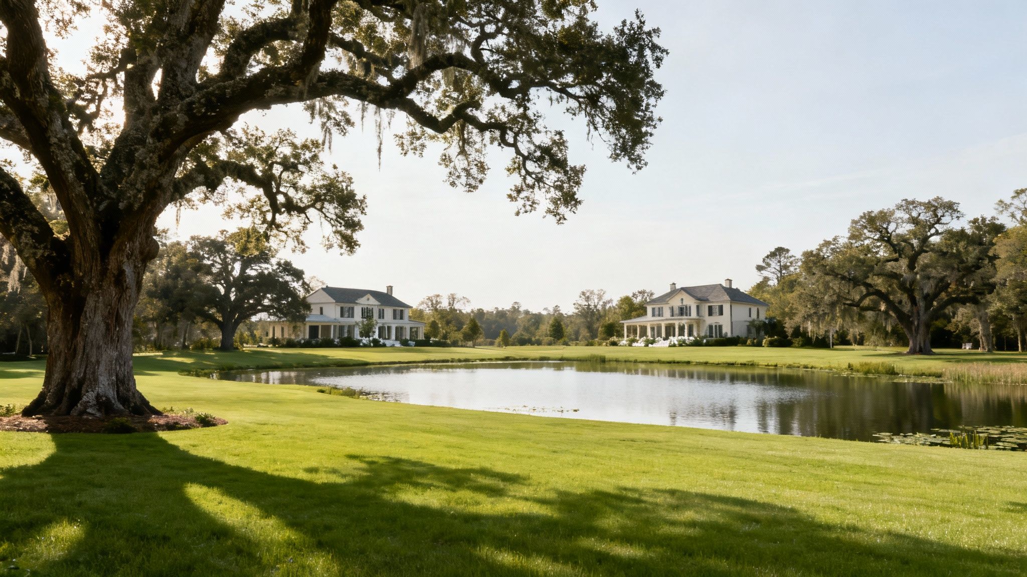 A bride and groom sharing a moment on a wooden dock by a serene lake at Fern Oak Estate.