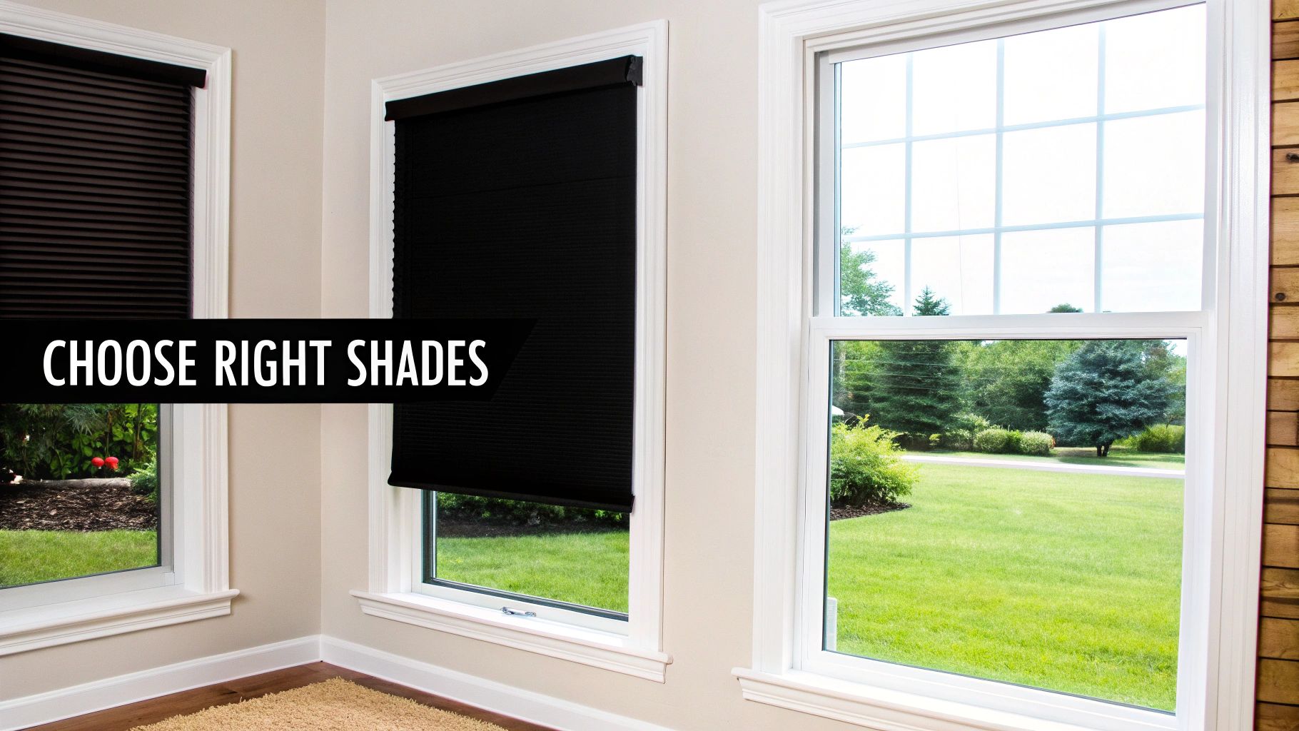 Three windows in a room, two with dark shades, one open to a green lawn, promoting choosing the right shades.