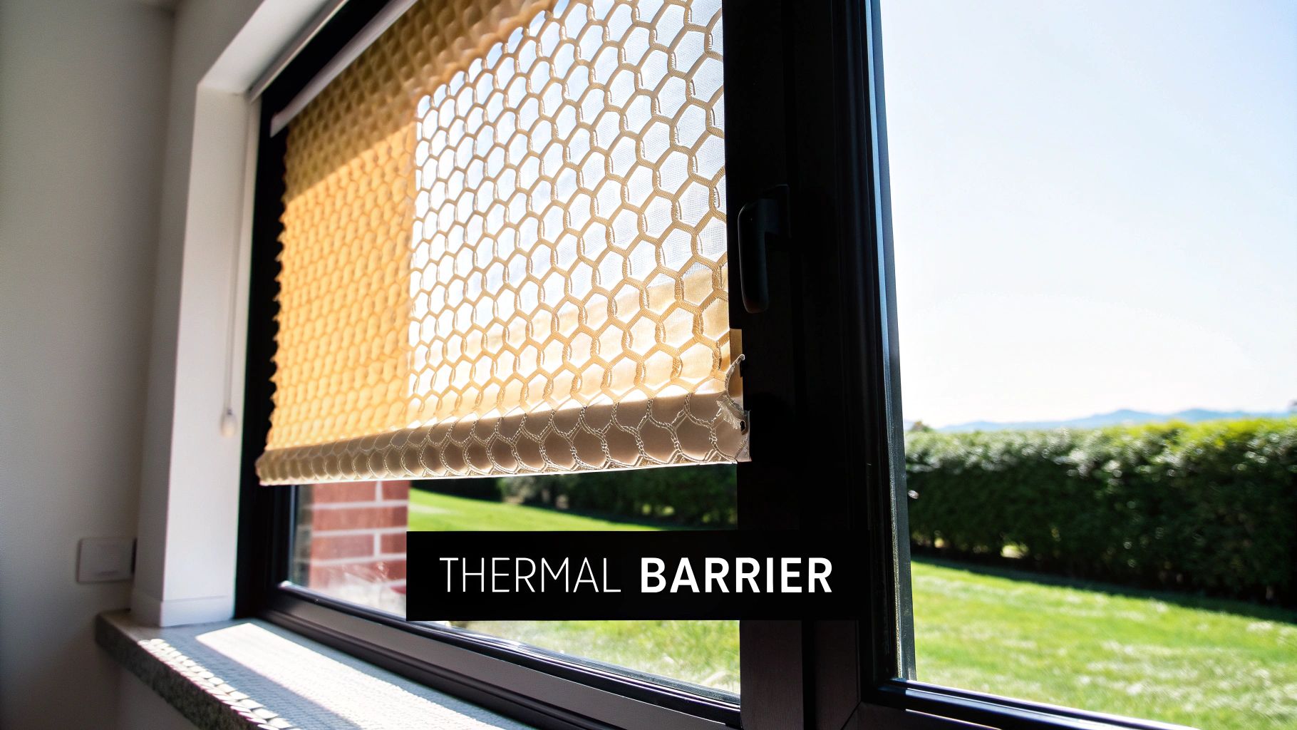A light-colored honeycomb blind covers a window, acting as a thermal barrier against the bright outdoor sun.