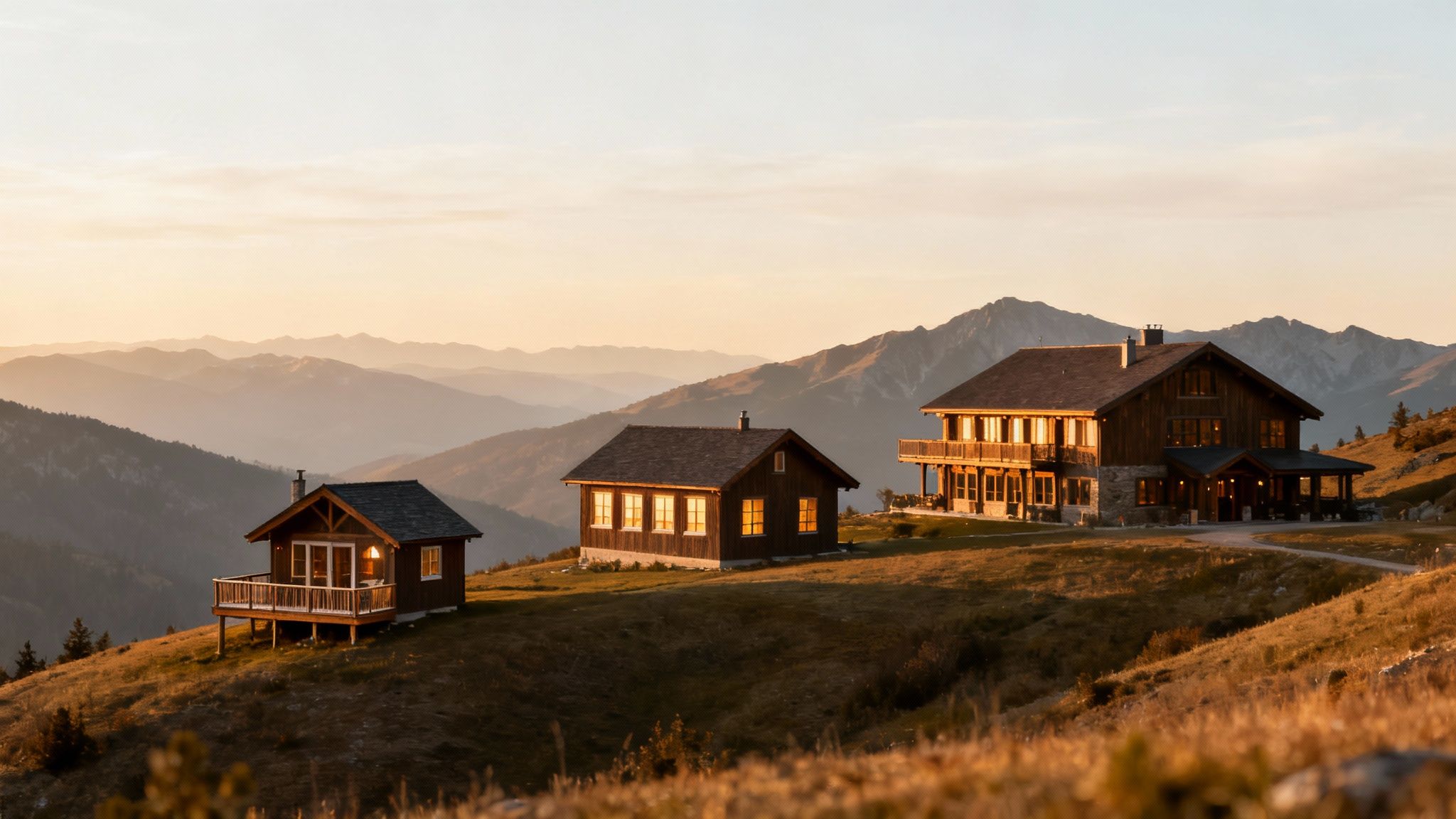 Three cozy wooden cabins on a sunlit mountain hillside with layered peaks in the background.