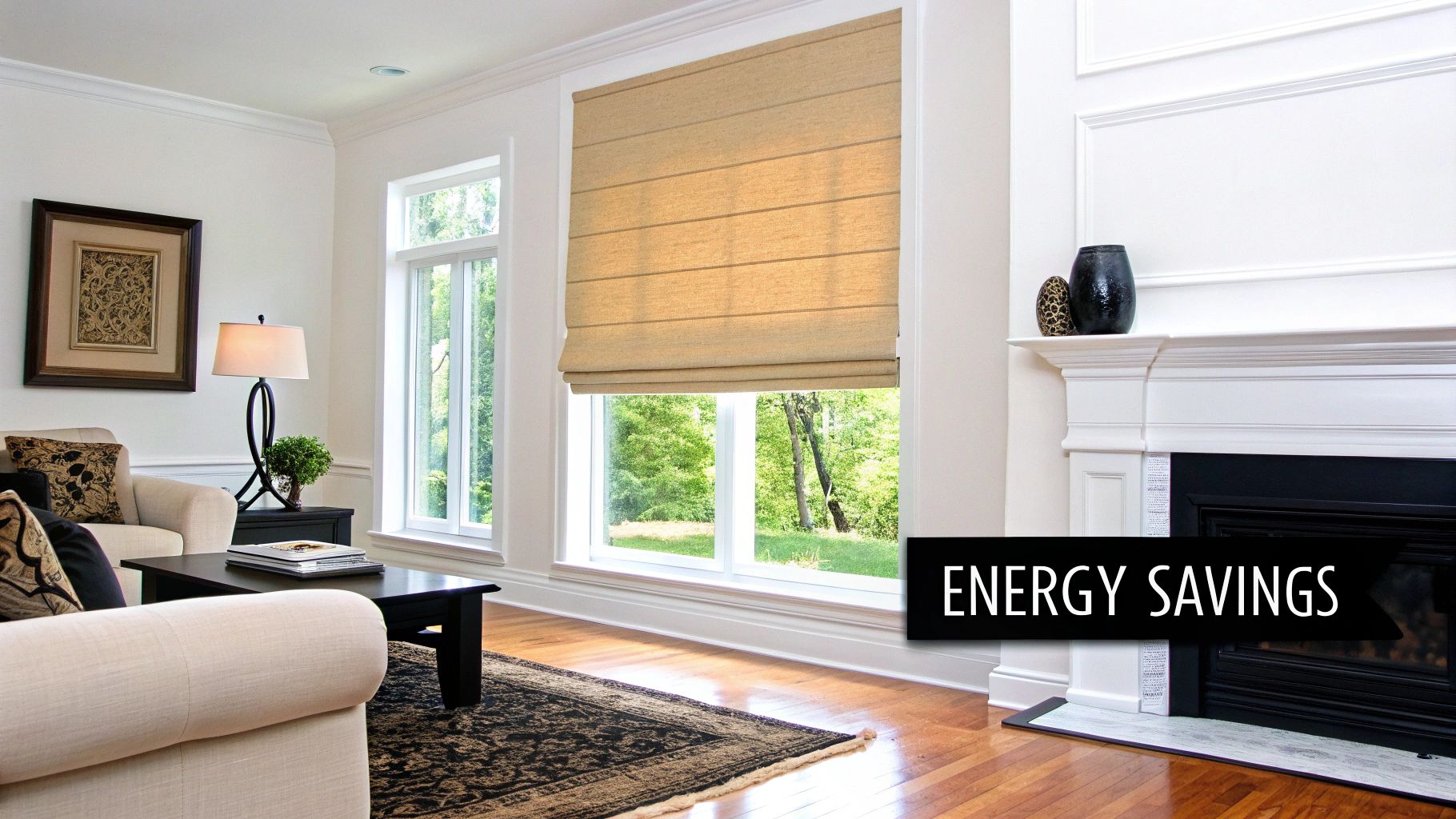 A bright living room features a large window with a beige insulating Roman shade, emphasizing energy savings.