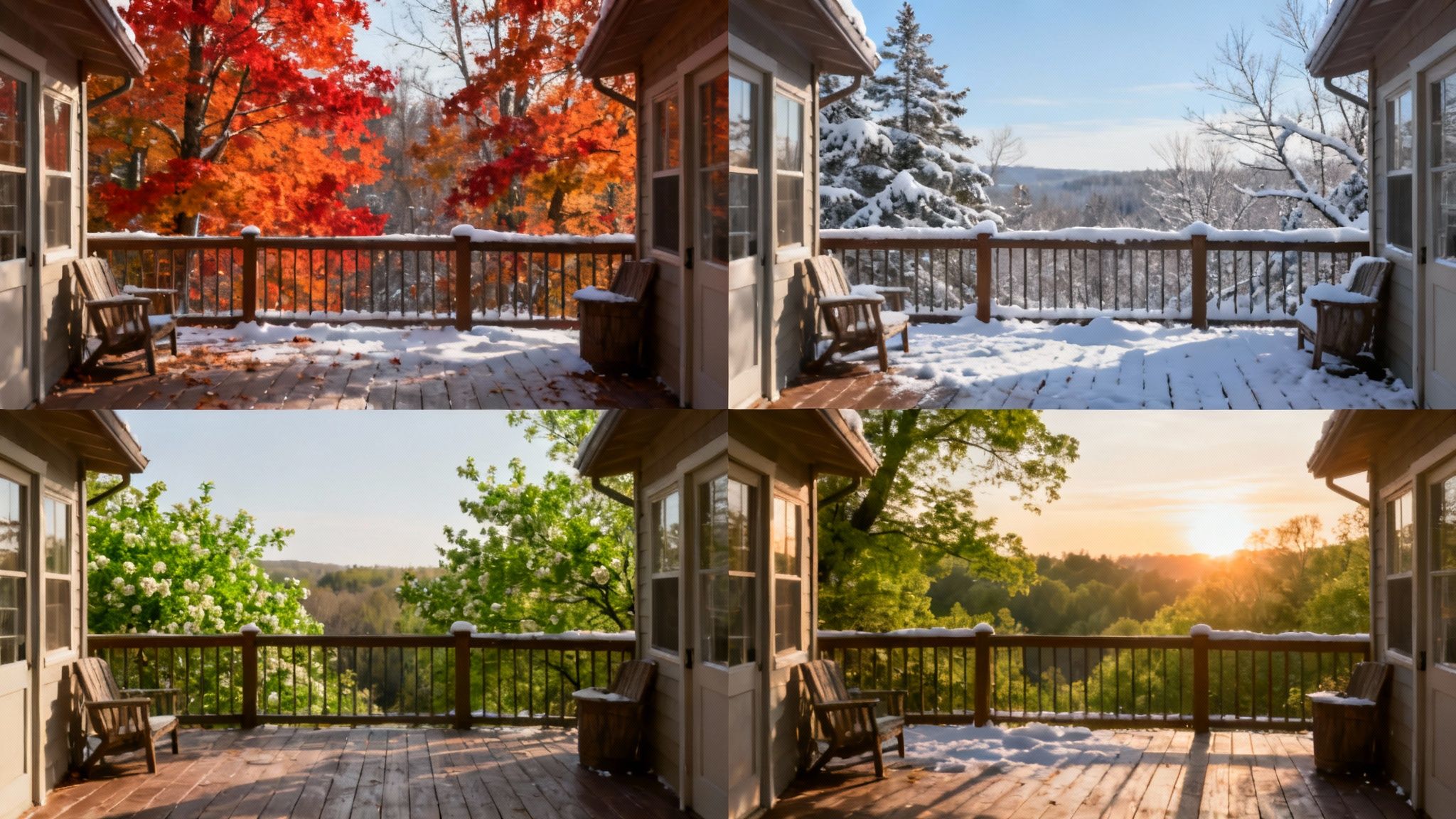 A scenic deck and forest view showcasing four distinct seasons: autumn, winter, spring, and sunset.