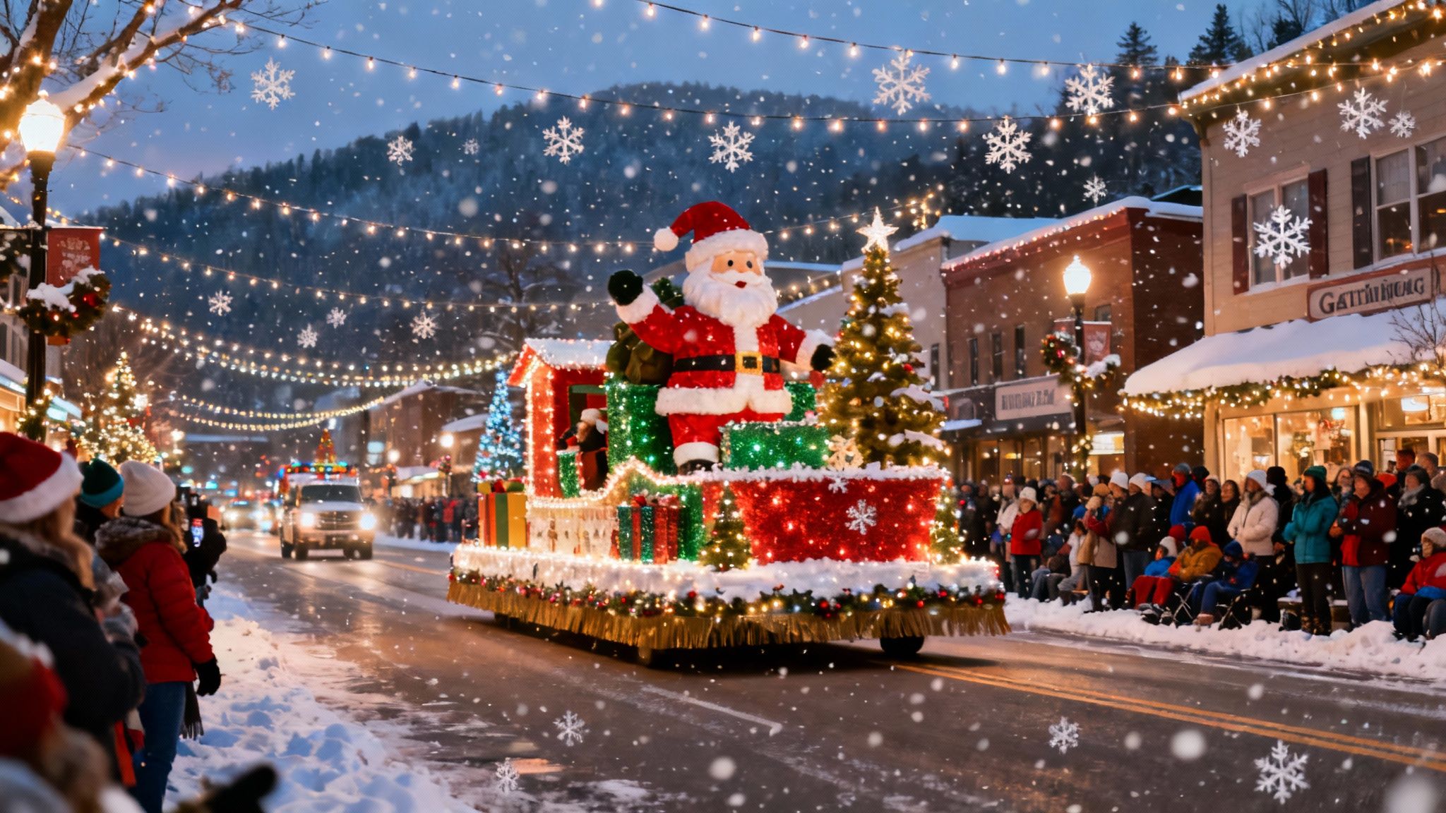 A vibrant Christmas parade float makes its way down a crowded street at night