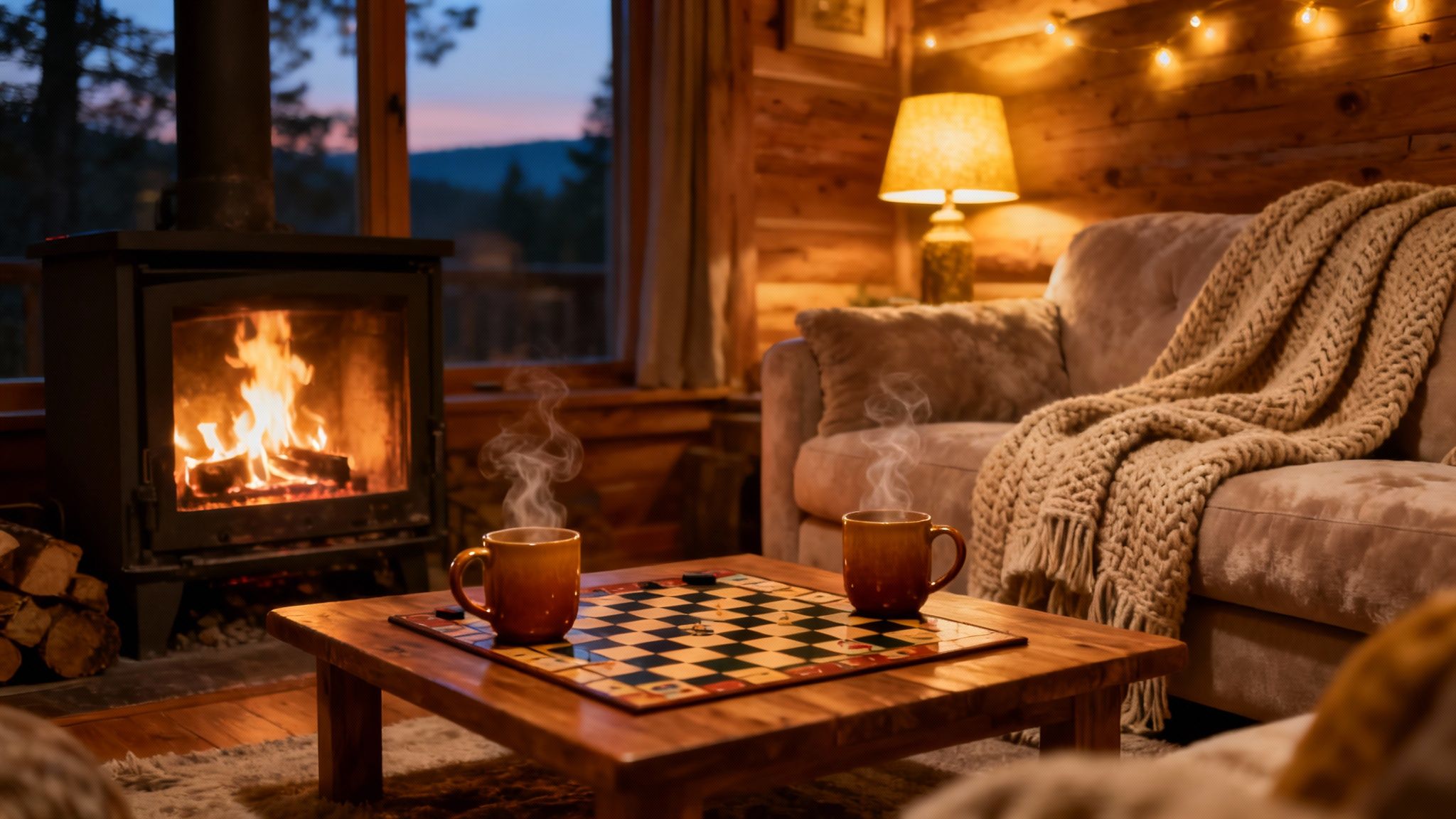 A warm and inviting cabin interior with a lit fireplace, hot drinks, and a board game on a table.