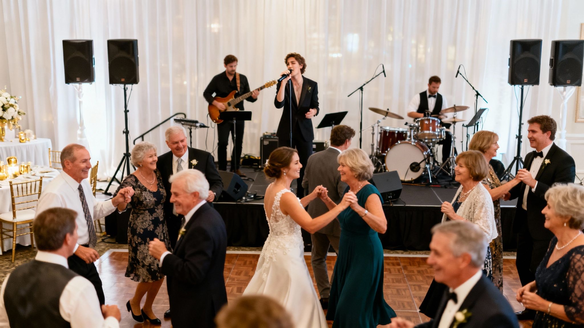 A lively wedding reception with a live band performing on stage and guests dancing joyfully.