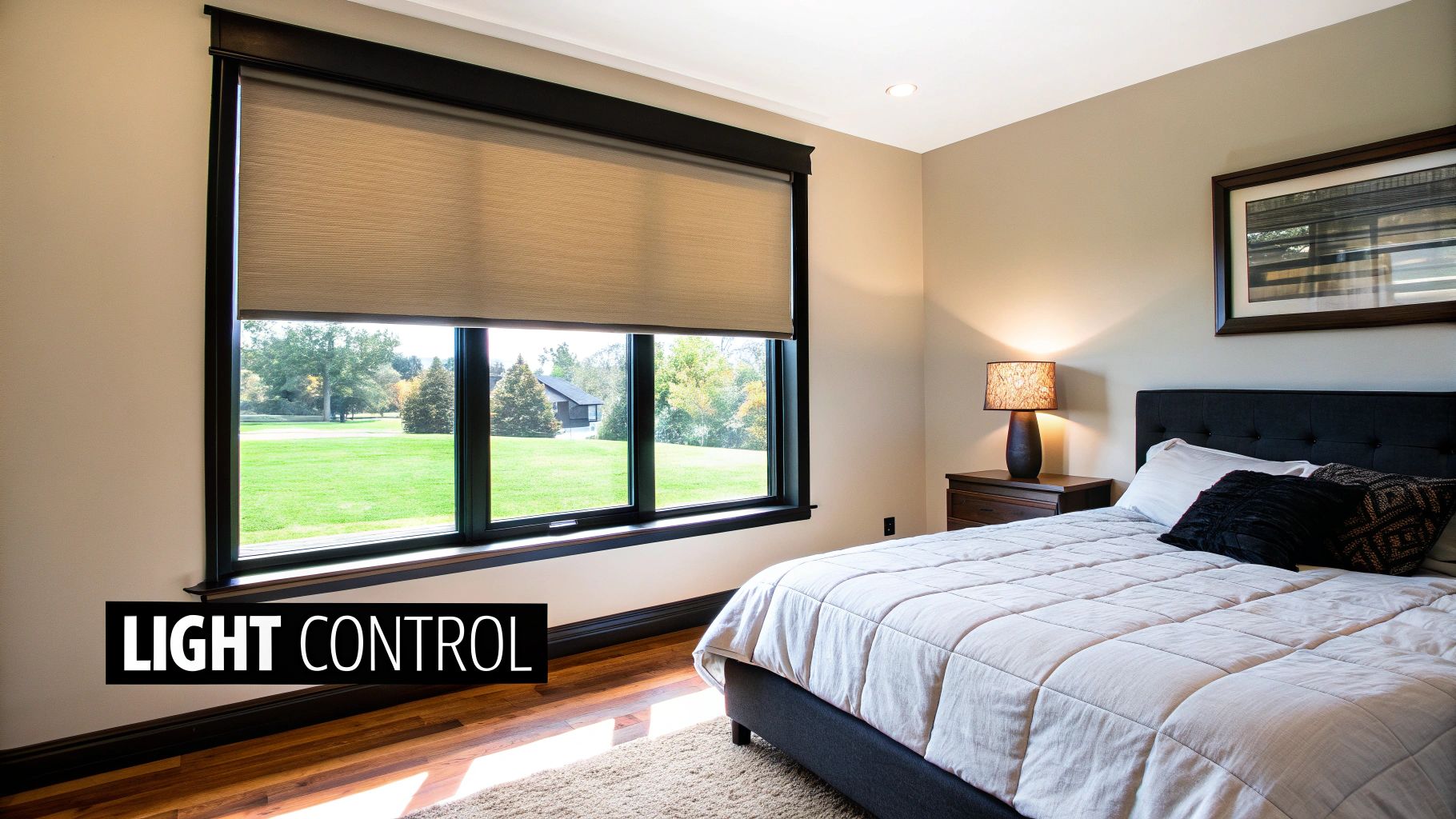 A cozy bedroom with a large window overlooking a green yard, featuring a light-filtering roller blind.