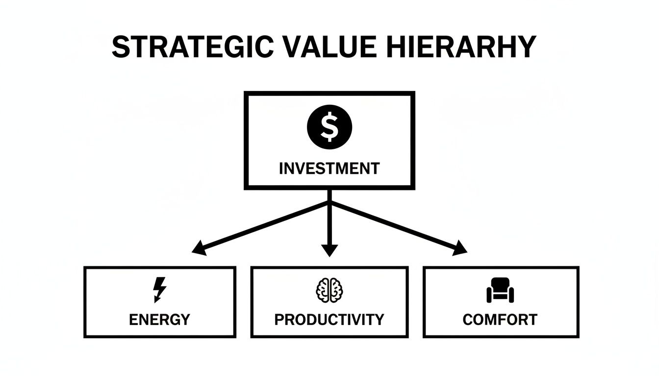 Diagram illustrating the strategic value hierarchy: Investment leads to Energy, Productivity, and Comfort.