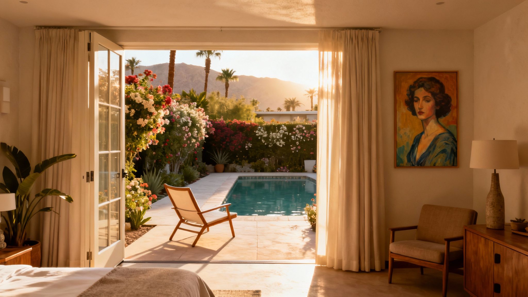 A cozy bedroom view overlooking a bright Palm Springs backyard with a pool, blooming flowers, and sunset mountains.