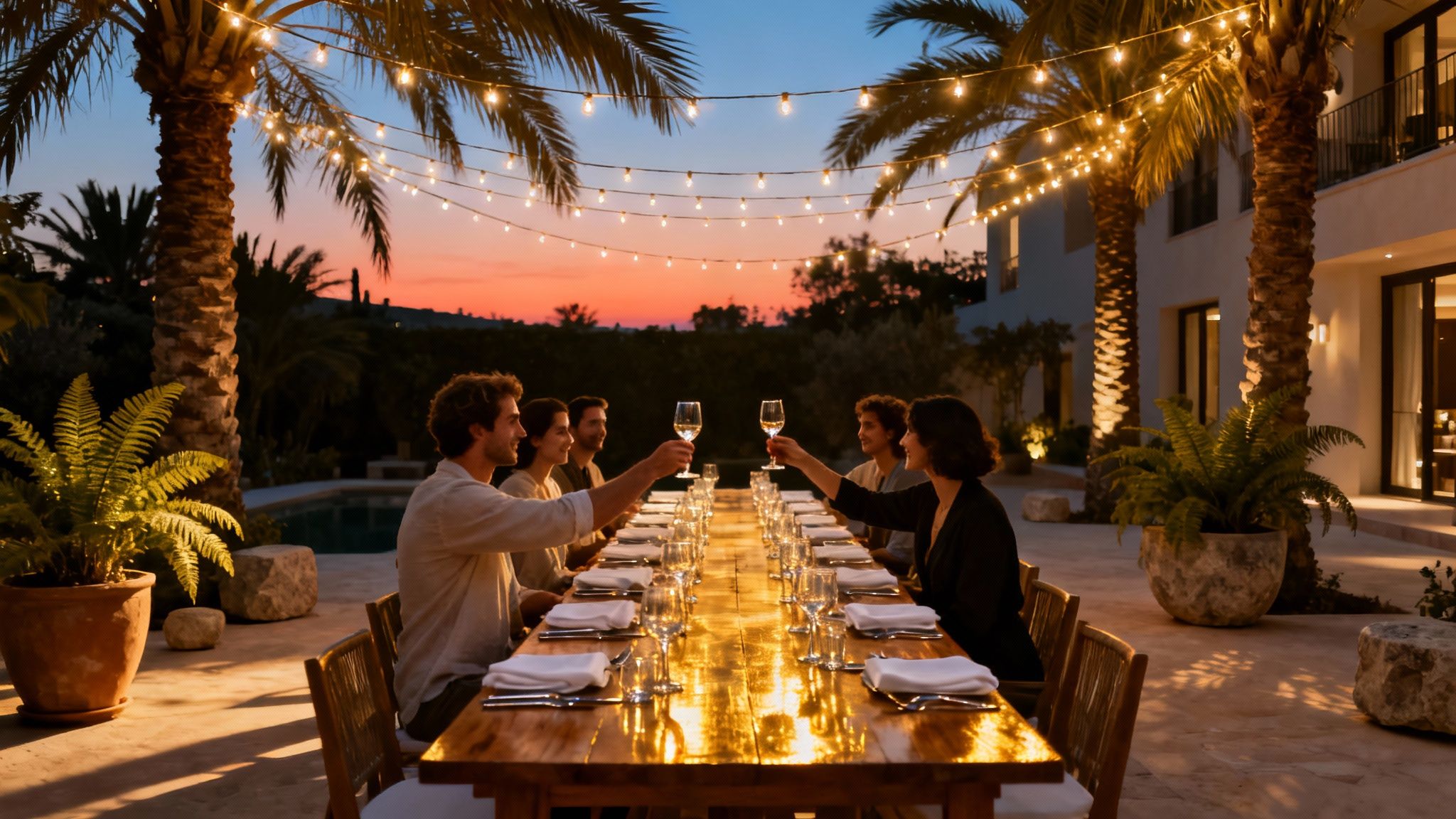 Friends making a toast at a large outdoor dinner party under string lights and palm trees at sunset.