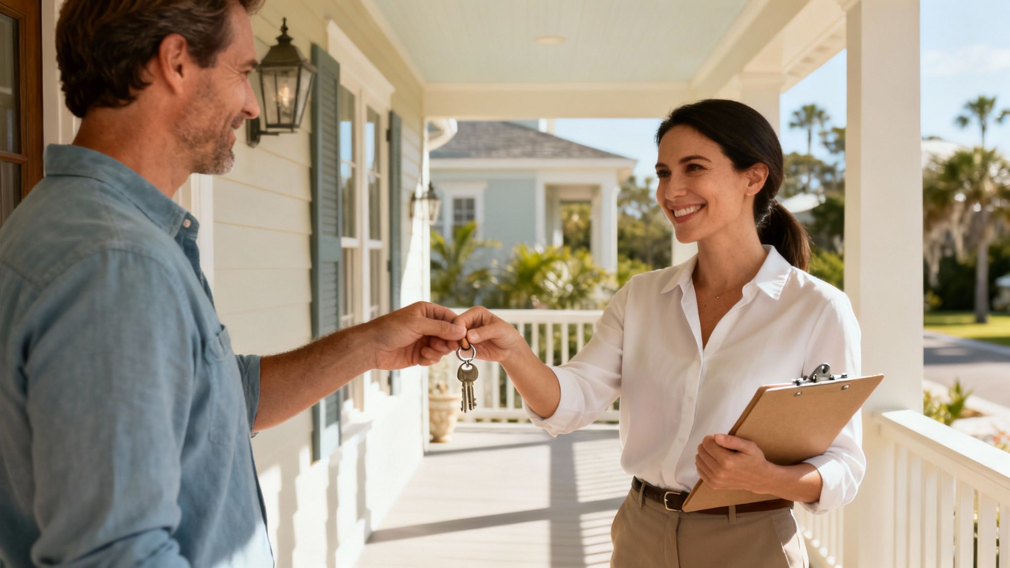 A smiling real estate agent hands house keys to a happy man on a sunny porch.