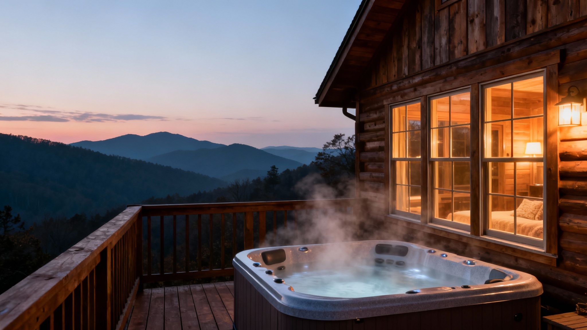 A romantic wooden cabin with a steaming hot tub on a deck overlooking mountains at dusk.