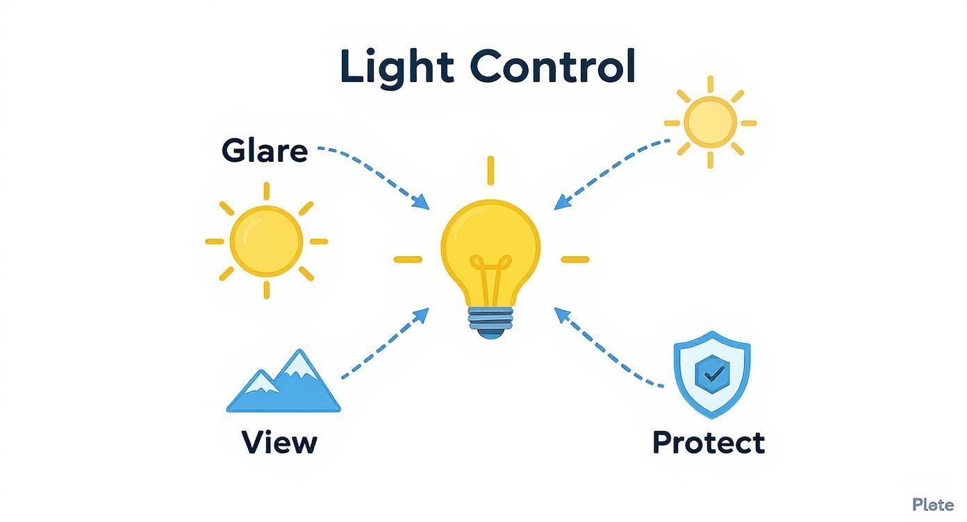 Light control diagram showing glare reduction, view optimization, and protection features with lightbulb and icons