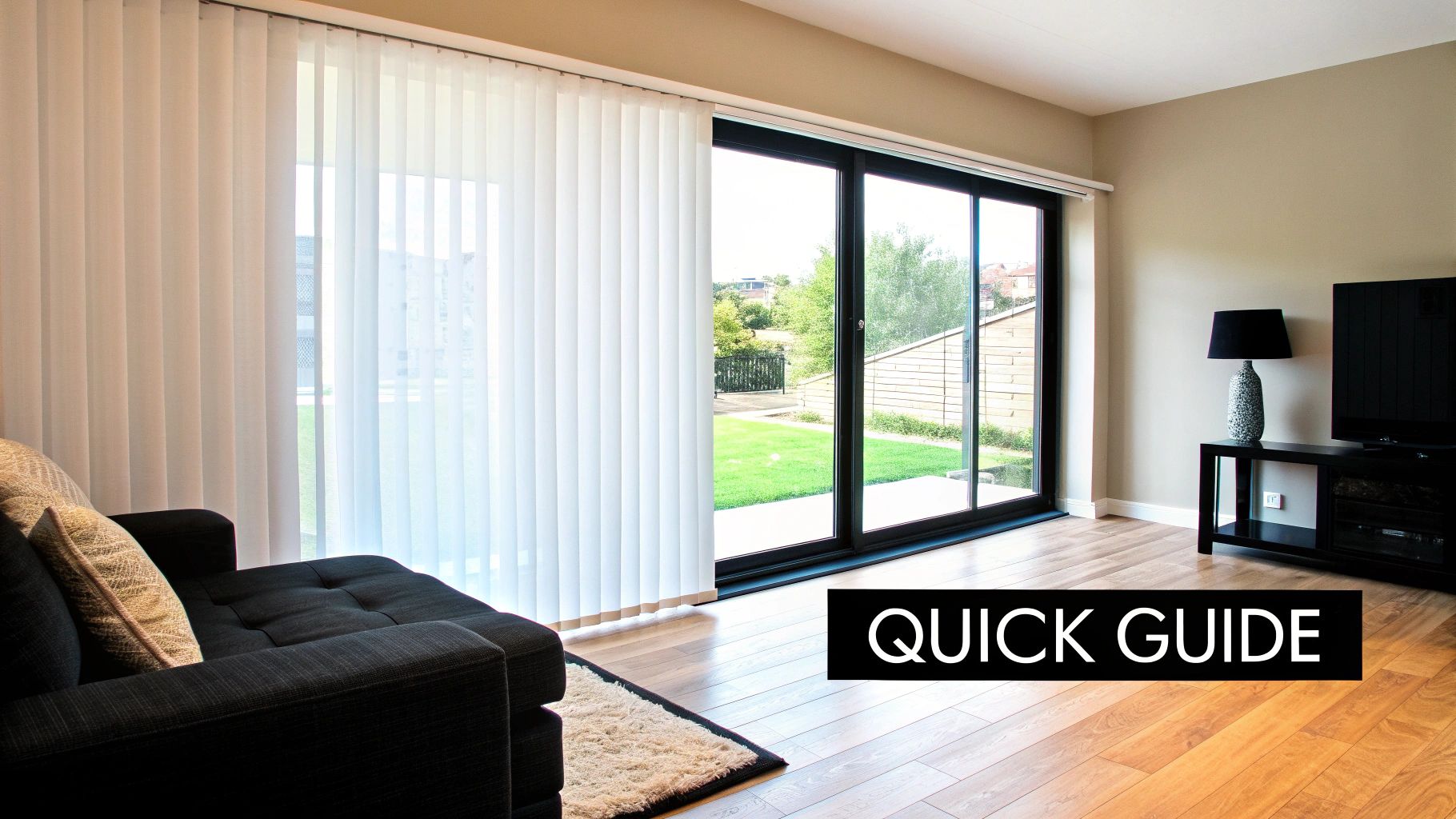A bright living room featuring white vertical blinds on large sliding glass doors, a dark sofa, and a TV setup.