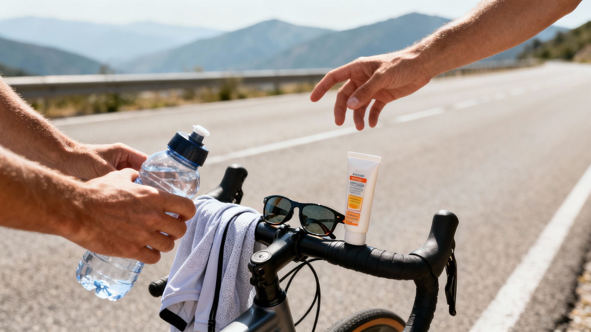 Hands on a cycling trip, one holding water, the other reaching for sunscreen on a bike with mountains in the background.