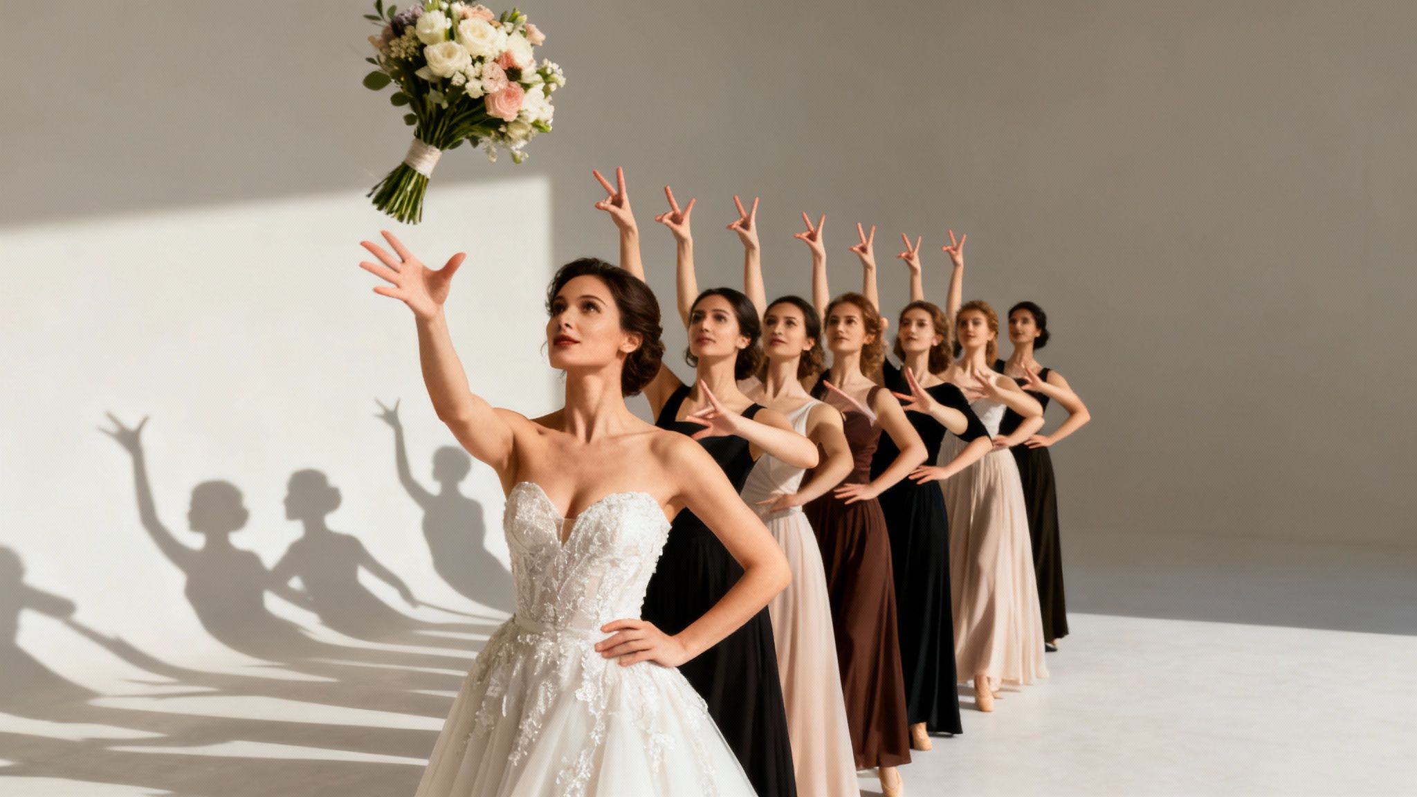 A bride in a white dress tosses a bouquet towards bridesmaids posing in a line.