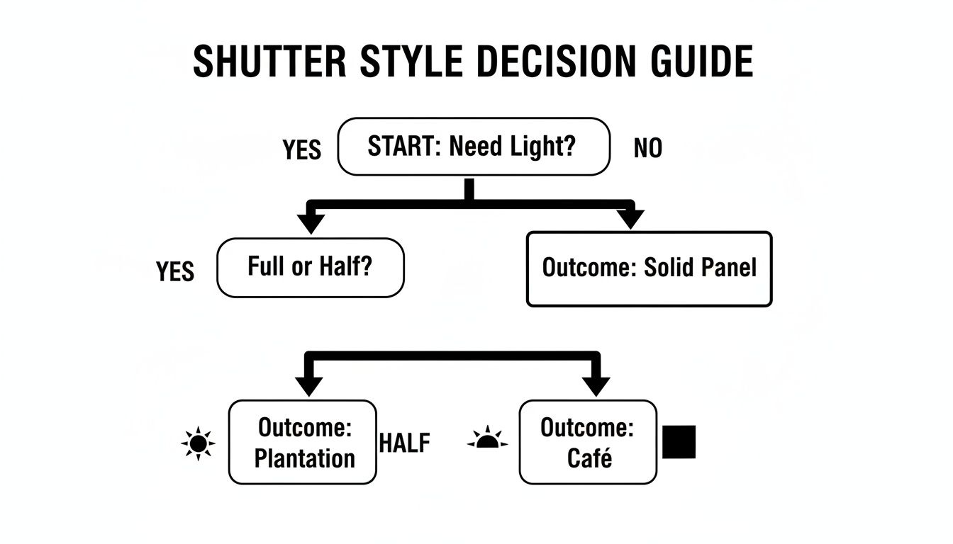 A flowchart guiding shutter style selection: Plantation, Cafe, or Solid Panel based on light requirements.