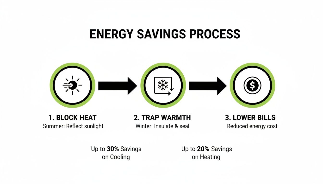 Diagram showing a three-step energy savings process to block heat, trap warmth, and lower bills.