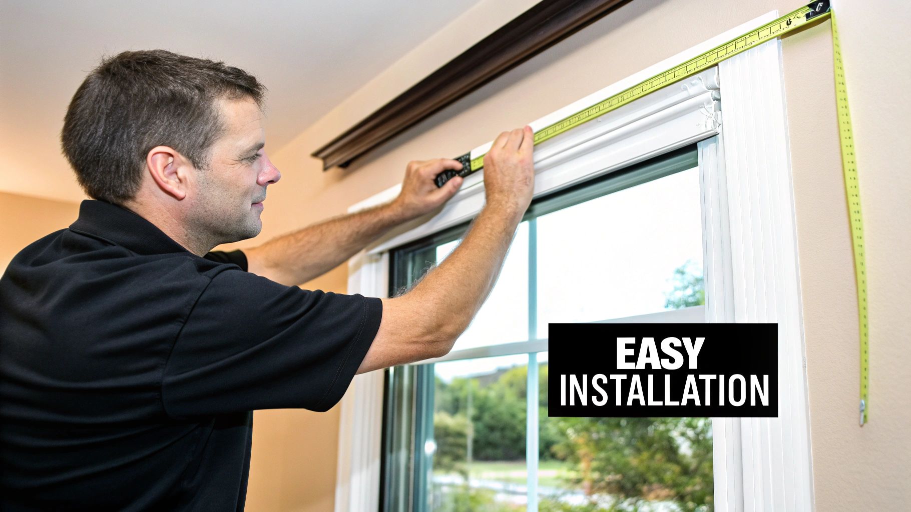 A man in a black polo shirt precisely measures a window frame with a tape measure for blind installation.