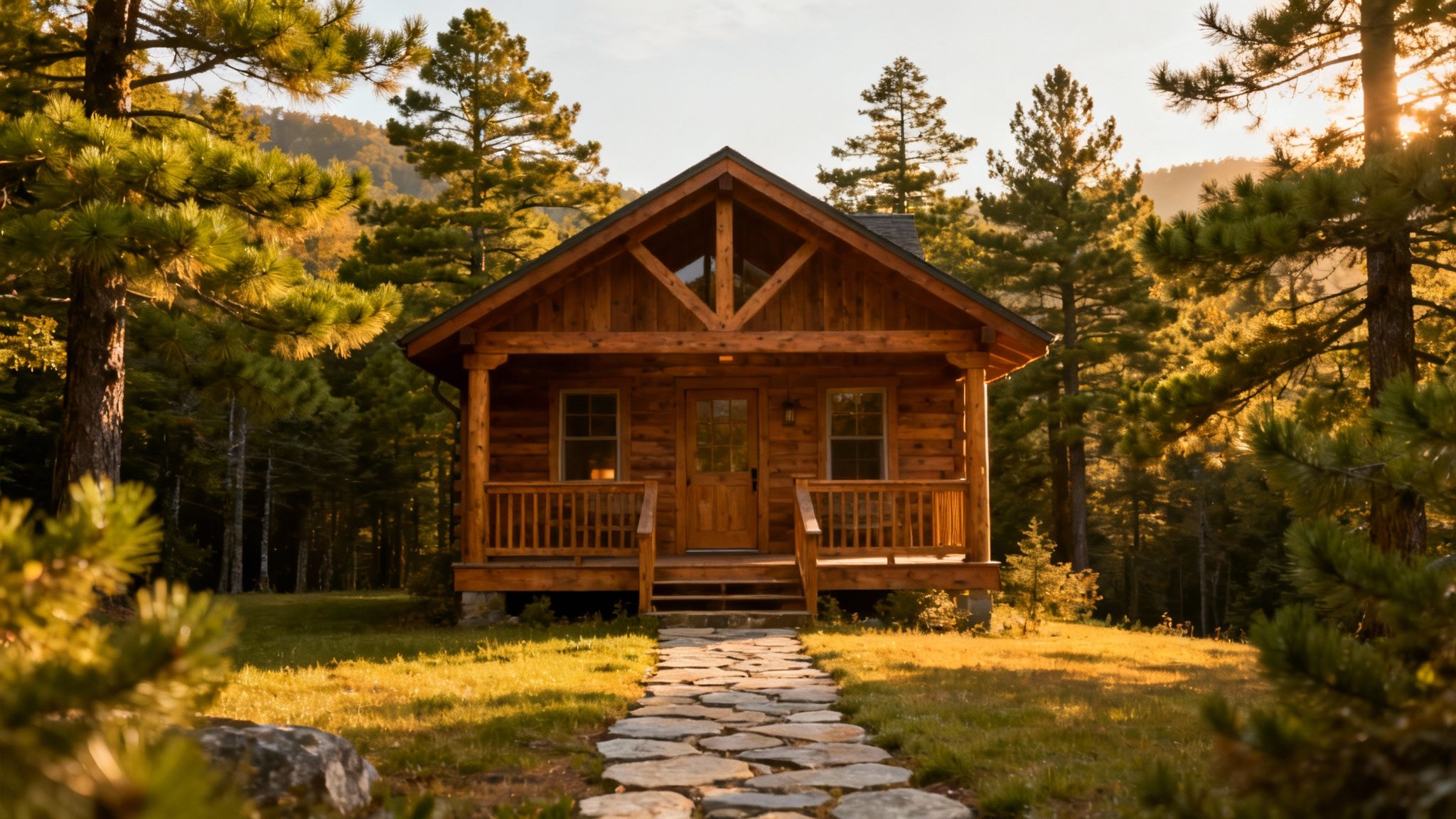 A beautiful log cabin with a spacious deck surrounded by lush green trees in the Smoky Mountains.