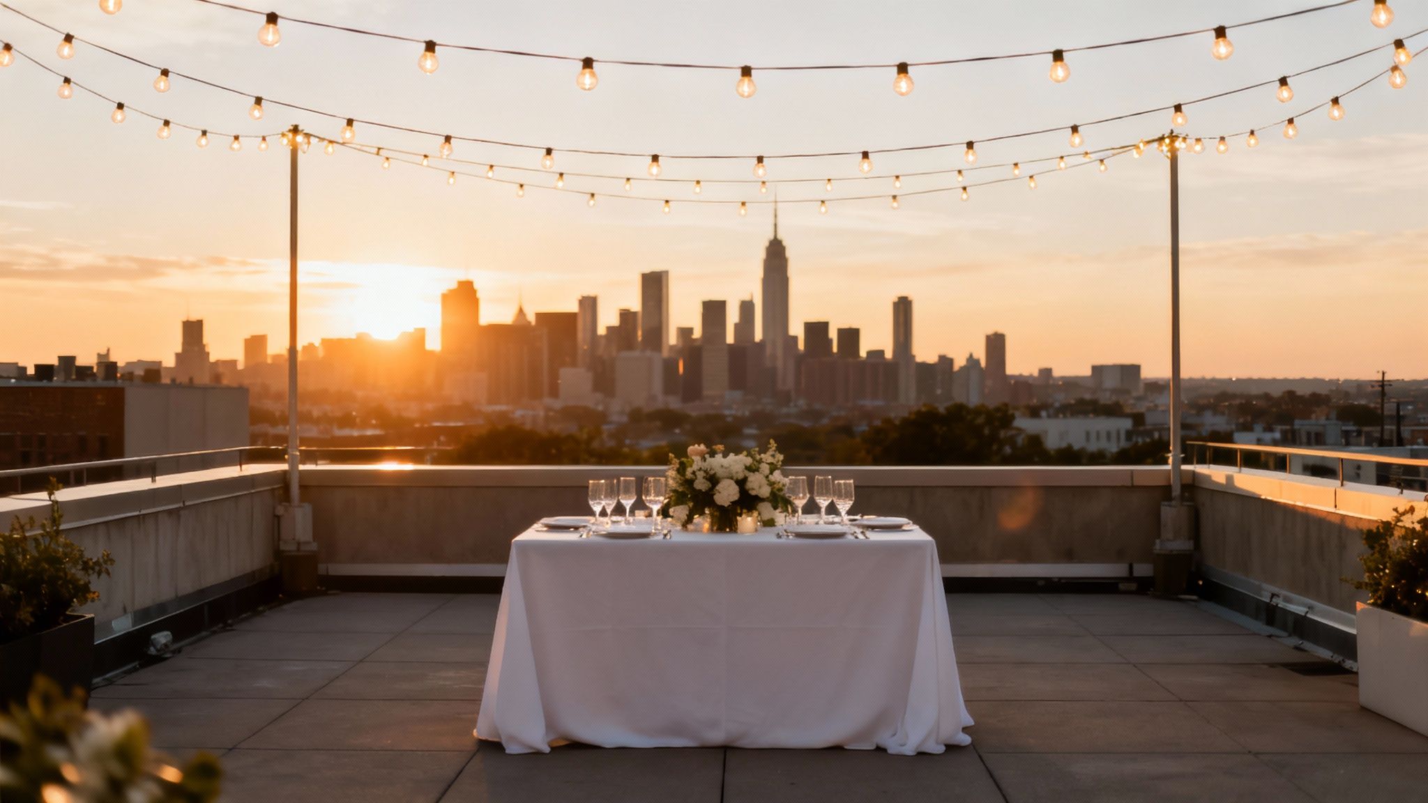 A romantic rooftop dinner for two with string lights and a city skyline at sunset.