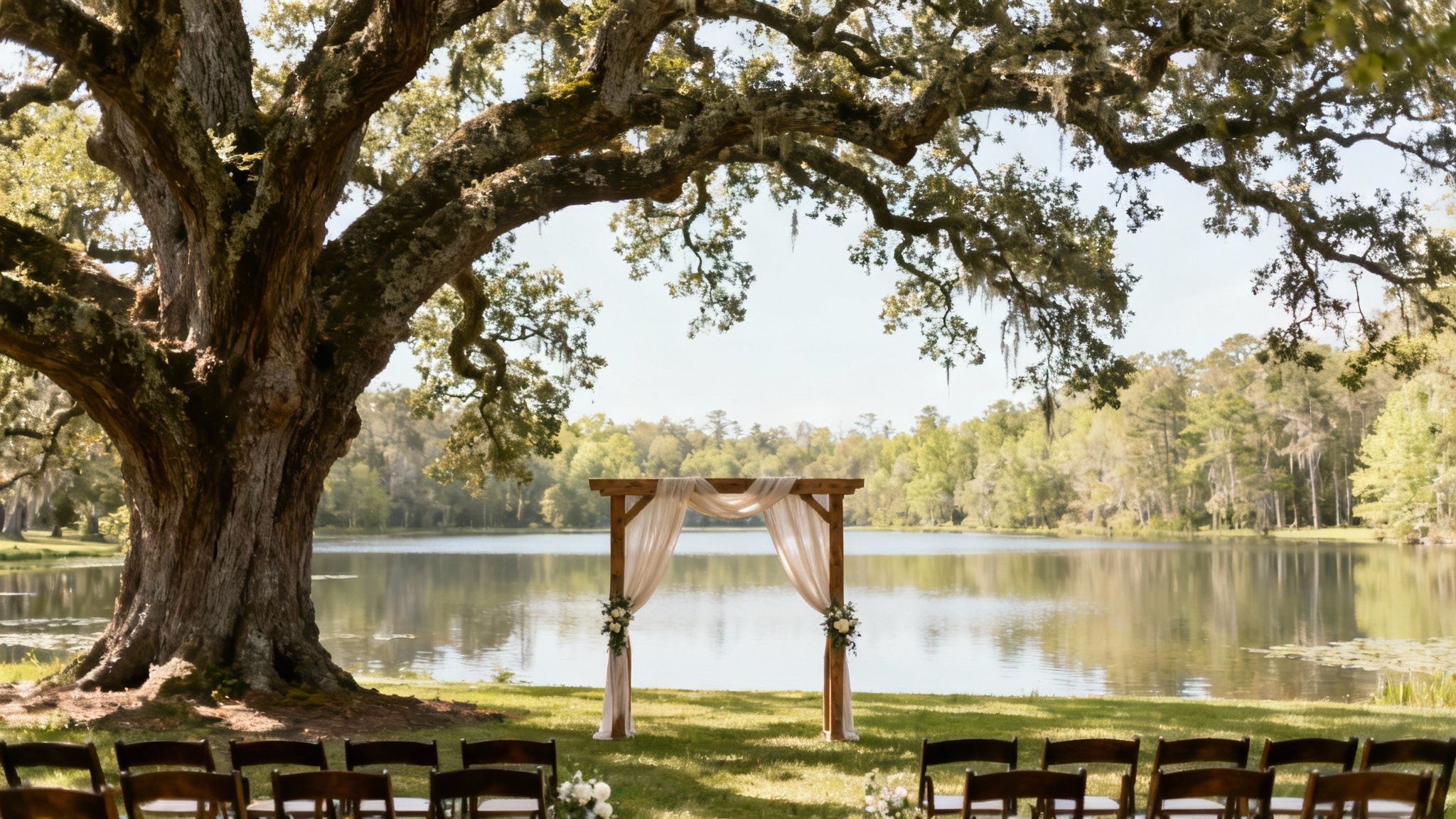 A bride and groom sharing a moment on a wooden dock by a serene lake at Fern Oak Estate.
